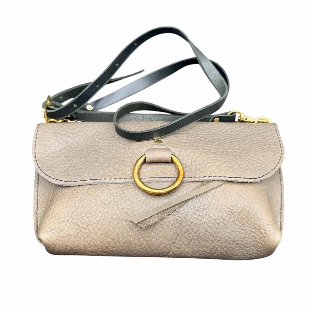 XO Bruno Pebbled Leather Crossbody Bag Taupe w/ Brass Ring Detail